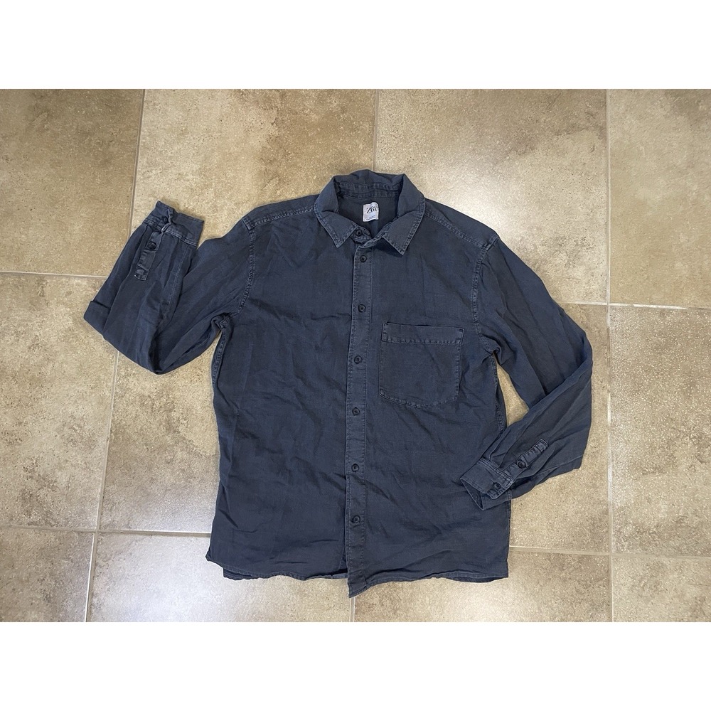 Zara Long Sleeve Linen Blend Mens Sz L Faded Black Button Up Shirt
